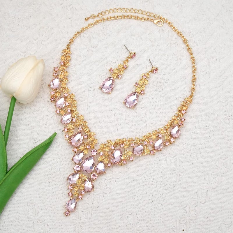 CSY Elegant Crystal Costume Jewelry Sets Flower Bridal Necklace Earrings Stretch Bangle Set for Bride Bridesmaid Wedding Dress Accessories - Image 4